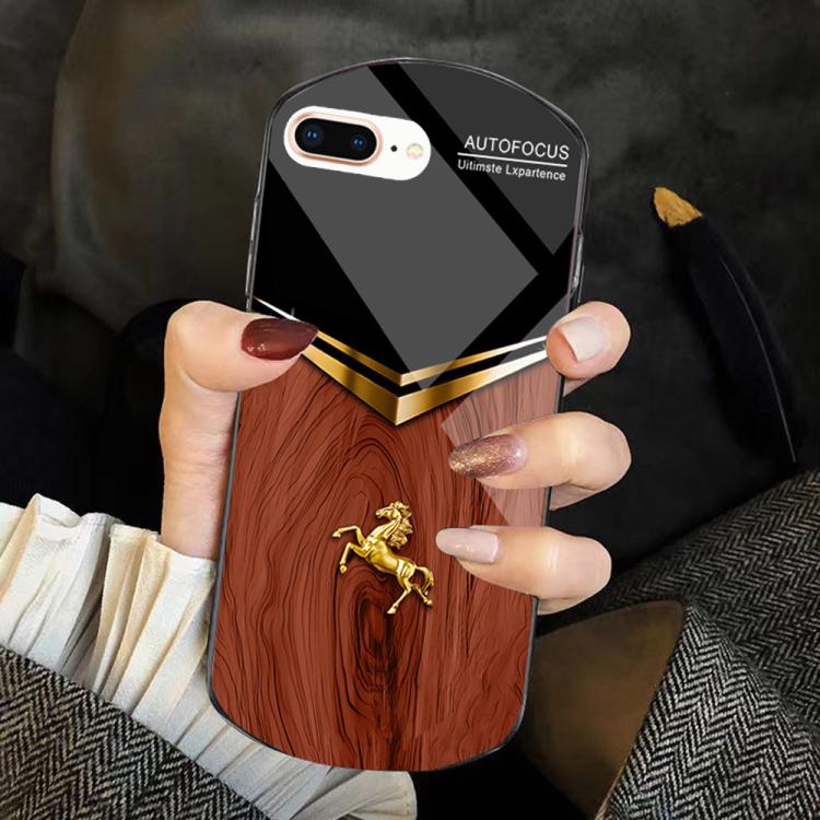 For iPhone 6 Plus/7 Plus/8 Plus Wood Texture Golden Horse Pattern TPU + PC + Tempered Glass Phone Case