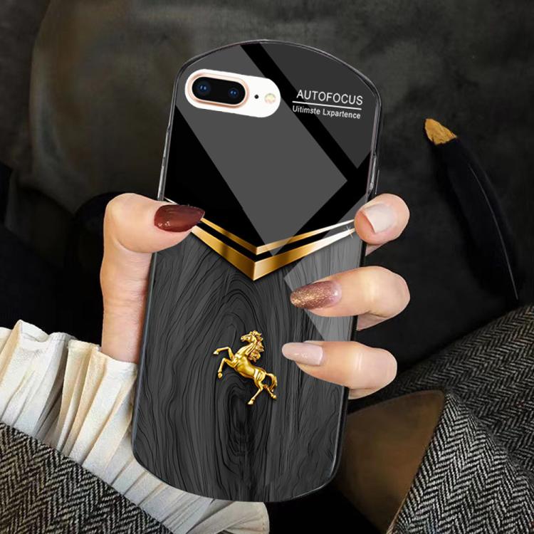 For iPhone 6 Plus/7 Plus/8 Plus Wood Texture Golden Horse Pattern TPU + PC + Tempered Glass Phone Case