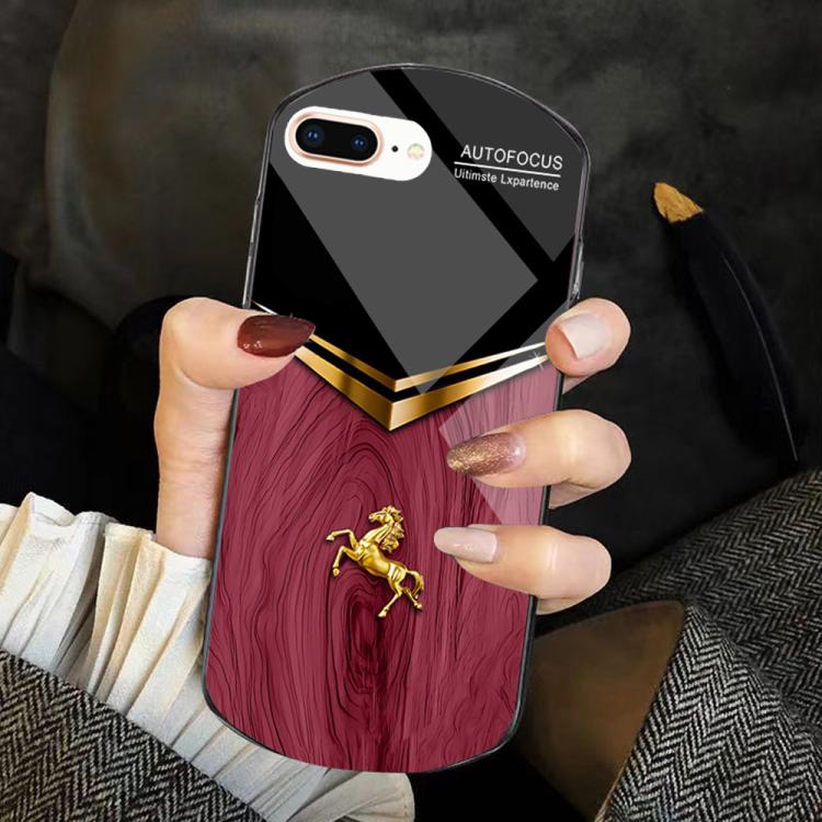 For iPhone 6 Plus/7 Plus/8 Plus Wood Texture Golden Horse Pattern TPU + PC + Tempered Glass Phone Case