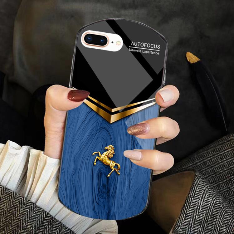 For iPhone 6 Plus/7 Plus/8 Plus Wood Texture Golden Horse Pattern TPU + PC + Tempered Glass Phone Case