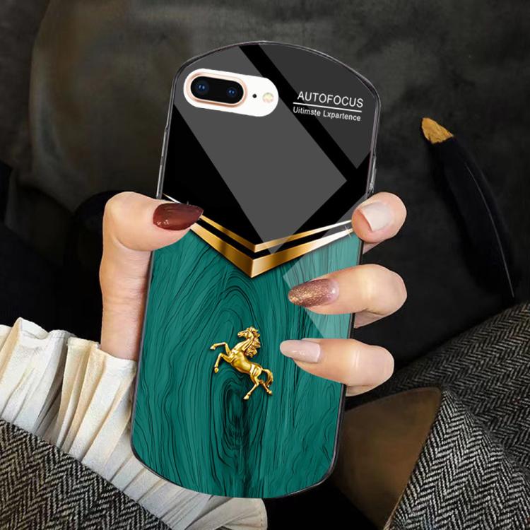 For iPhone 6 Plus/7 Plus/8 Plus Wood Texture Golden Horse Pattern TPU + PC + Tempered Glass Phone Case