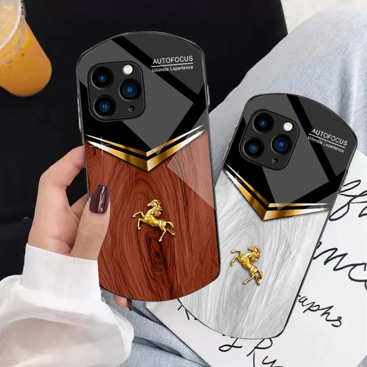 For iPhone 17 Pro Max Wood Texture Golden Horse Pattern TPU + PC + Tempered Glass Phone Case