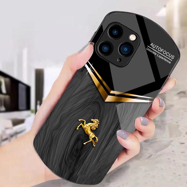 For iPhone 16 Pro Max Wood Texture Golden Horse Pattern TPU + PC + Tempered Glass Phone Case