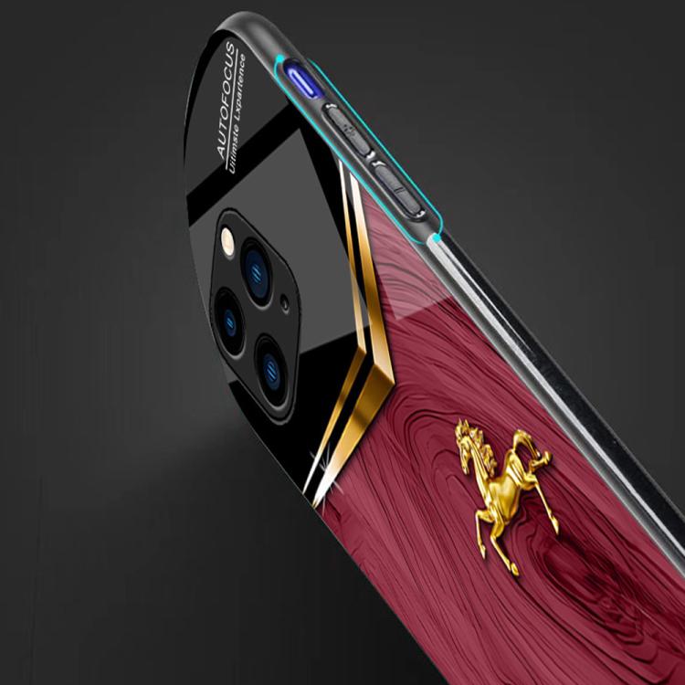 For iPhone 14 Wood Texture Golden Horse Pattern TPU + PC + Tempered Glass Phone Case