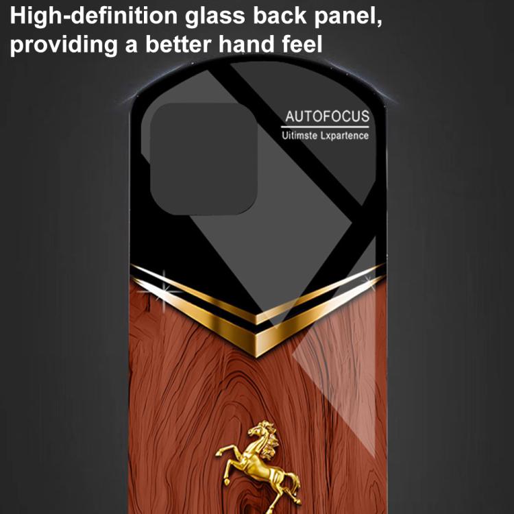 For iPhone 12 Wood Texture Golden Horse Pattern TPU + PC + Tempered Glass Phone Case