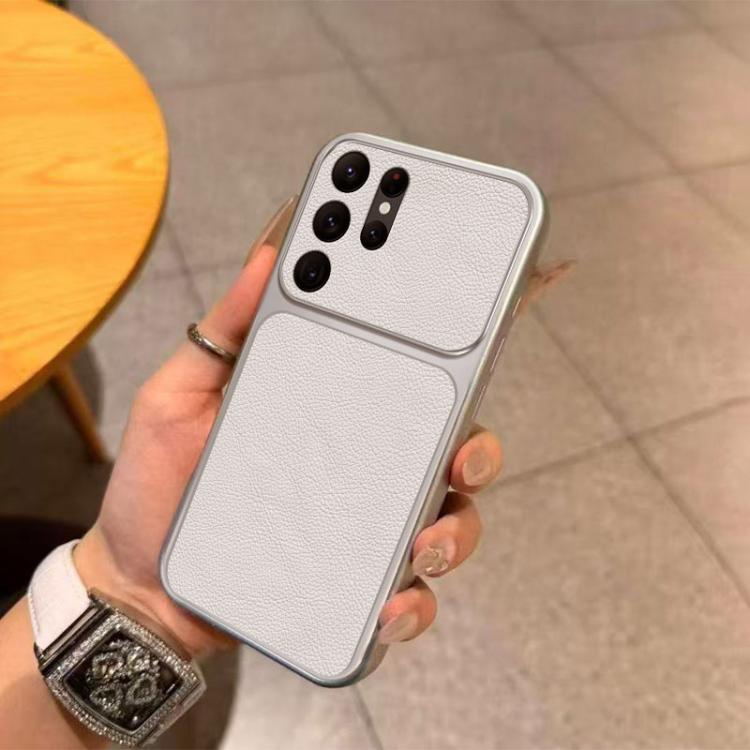For Galaxy S24 Ultra 5G Large Window Leather Textured Coated TPU Phone Case - White