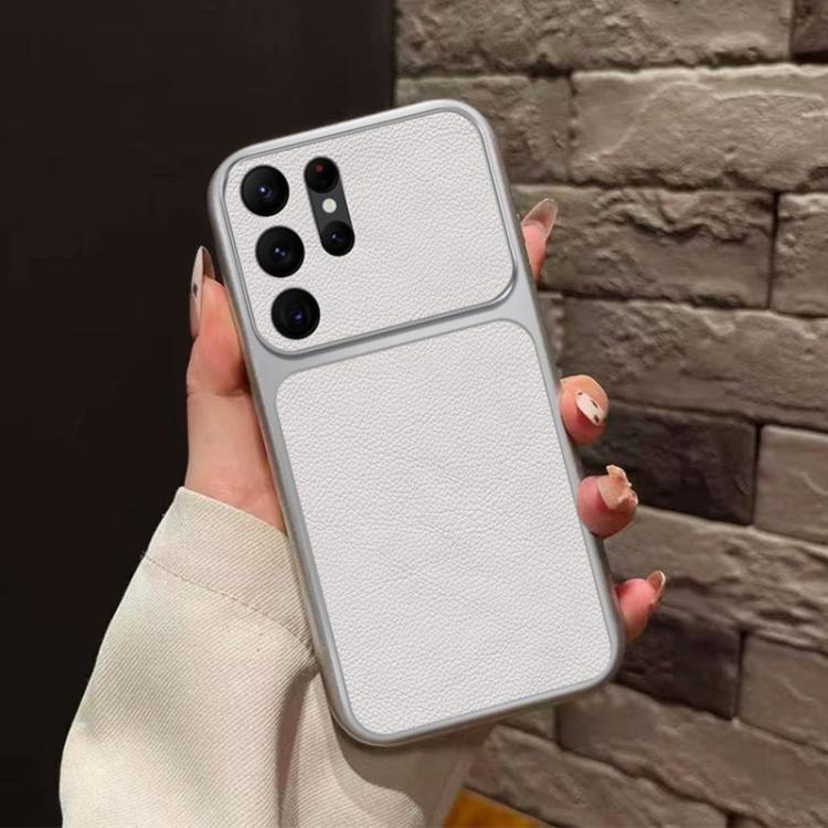For Galaxy S24 Ultra 5G Large Window Leather Textured Coated TPU Phone Case - White