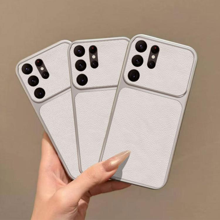 For Galaxy S24 Ultra 5G Large Window Leather Textured Coated TPU Phone Case - White