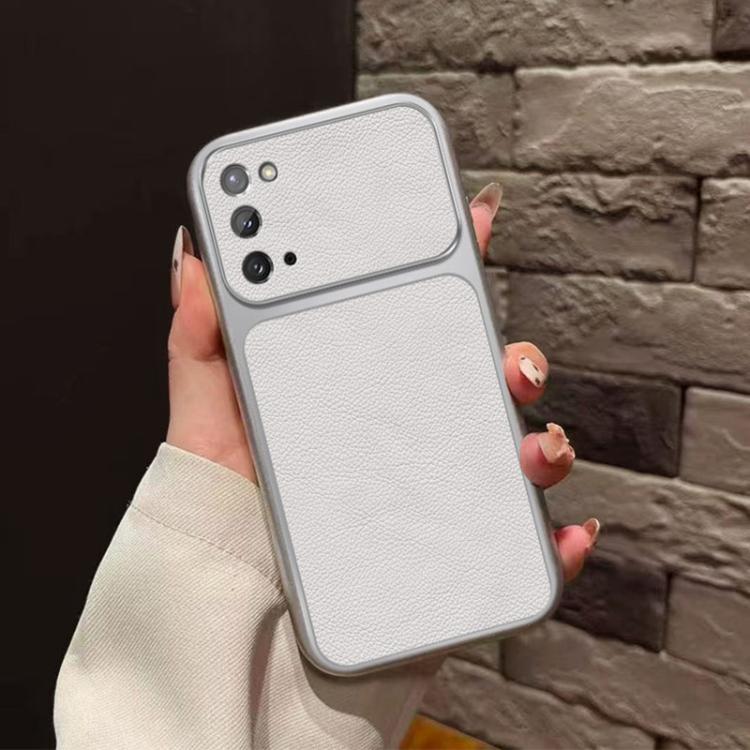 For Galaxy Note20 Large Window Leather Textured Coated TPU Phone Case - White
