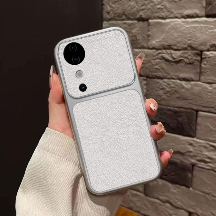 For vivo S19 Large Window Leather Textured Coated TPU Phone Case - White