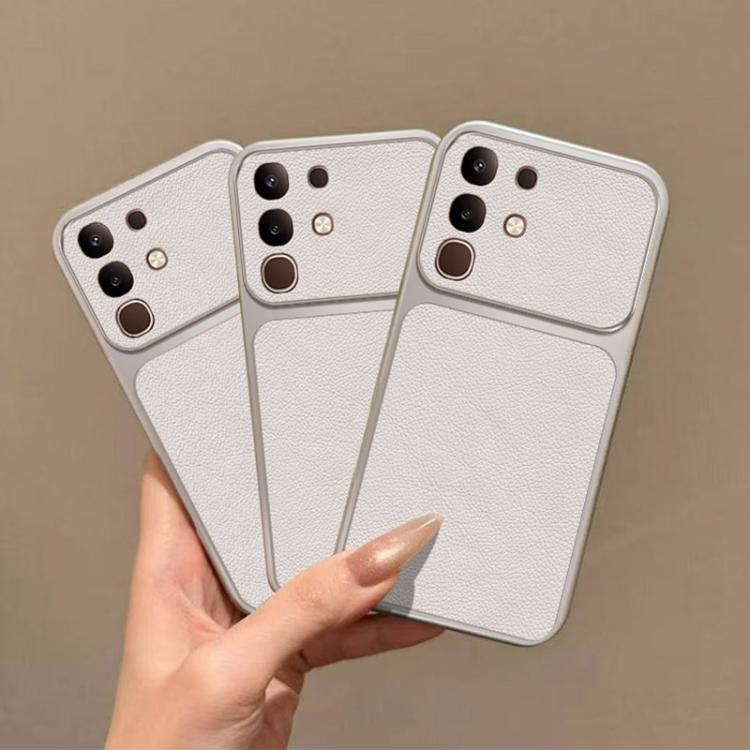 For vivo Y300t Large Window Leather Textured Coated TPU Phone Case - White