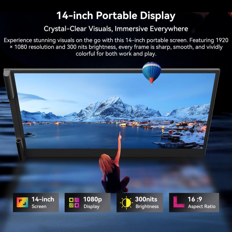 [HK Warehouse] Blackview SCM6 14 inch Portable Laptop Ultra-thin LCD Monitor Screen Extender with Stand - Grey