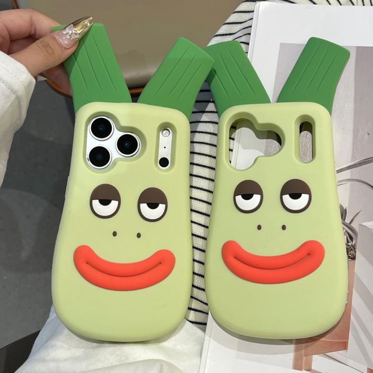 For iPhone 15 Pro Cute Big Green Onion Design Silicone Shockproof Phone Case