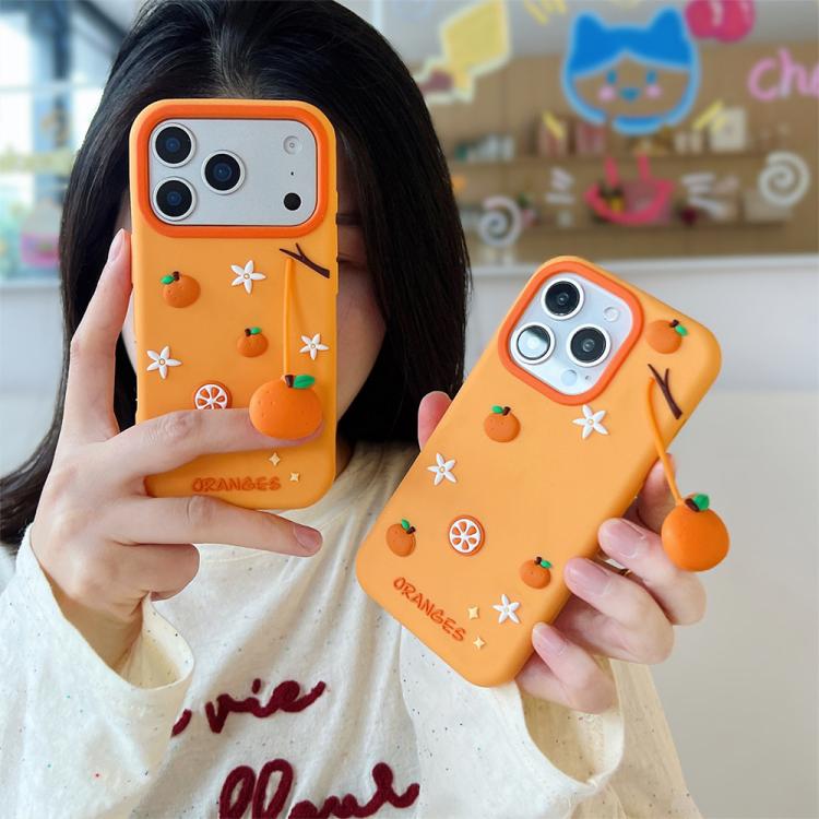 For iPhone 15 Pro Cute Orange Shape Pendant Silicone Shockproof Phone Case