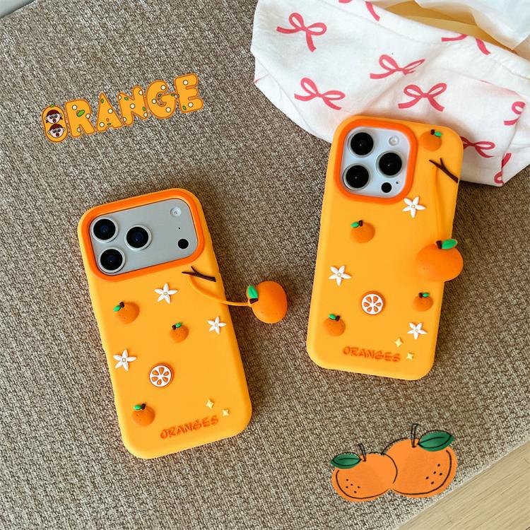 For iPhone 15 Pro Cute Orange Shape Pendant Silicone Shockproof Phone Case