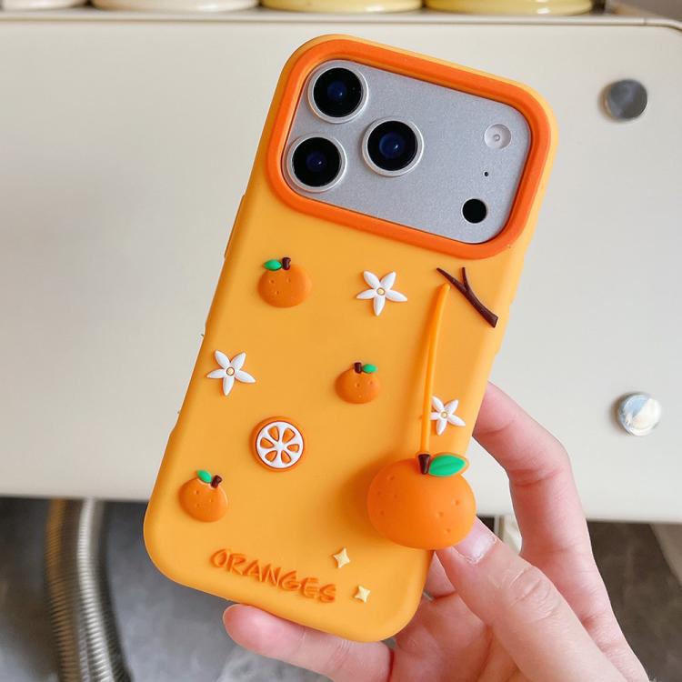 For iPhone 16 Pro Cute Orange Shape Pendant Silicone Shockproof Phone Case