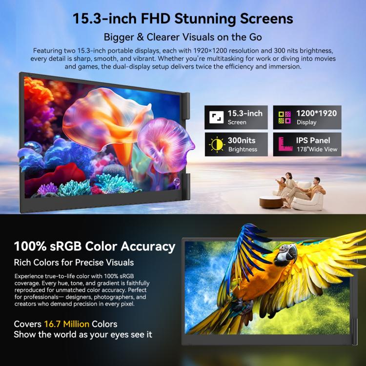 [HK Warehouse] Blackview DCM8 15.3 inch Dual Display Portable Laptop LCD Monitors Screen Extender with Stand - Grey