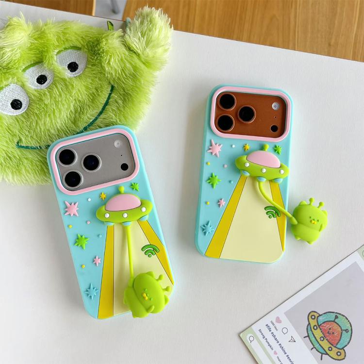 For iPhone 16 Cute 3D UFO Alien Pendant Design Silicone Shockproof Phone Case