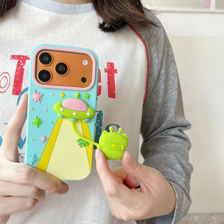 For iPhone 15 Pro Cute 3D UFO Alien Pendant Design Silicone Shockproof Phone Case
