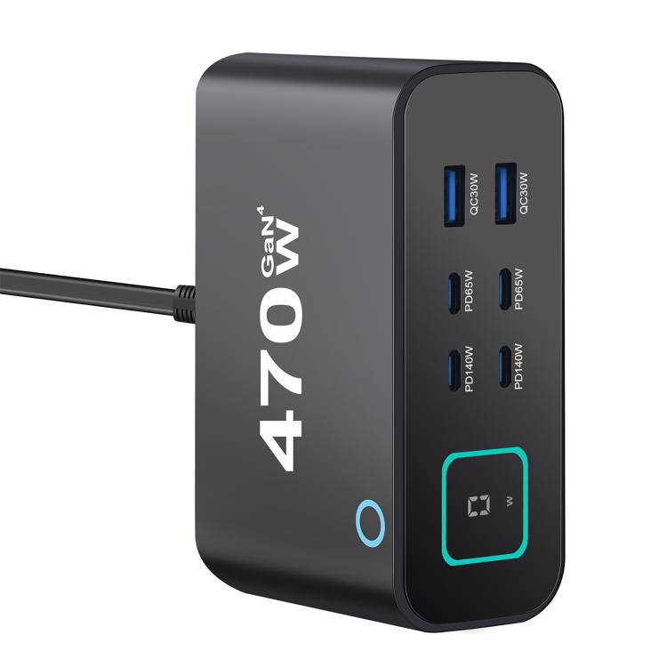 YMX-615-LCD470W 4xType-C and 2xUSB 470W GaN Multi-Function Charger, Plug:UK Plug