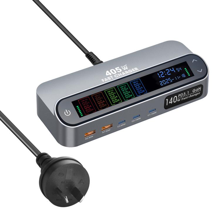 YMX-LCD405W 405W 3xType-C and 2xUSB GaN Smart Digital Display Multi-Function Charger