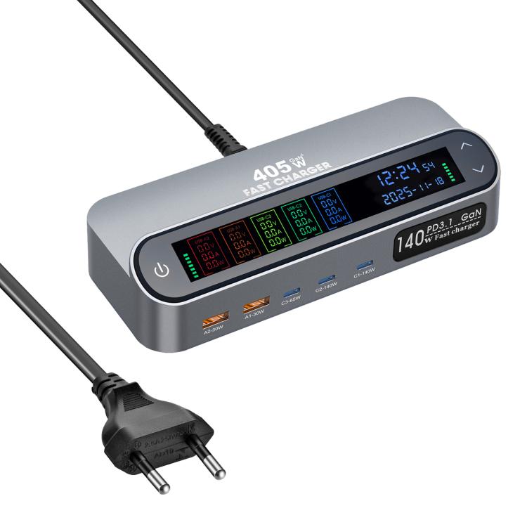 YMX-LCD405W 405W 3xType-C and 2xUSB GaN Smart Digital Display Multi-Function Charger