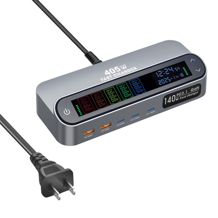 YMX-LCD405W 405W 3xType-C and 2xUSB GaN Smart Digital Display Multi-Function Charger