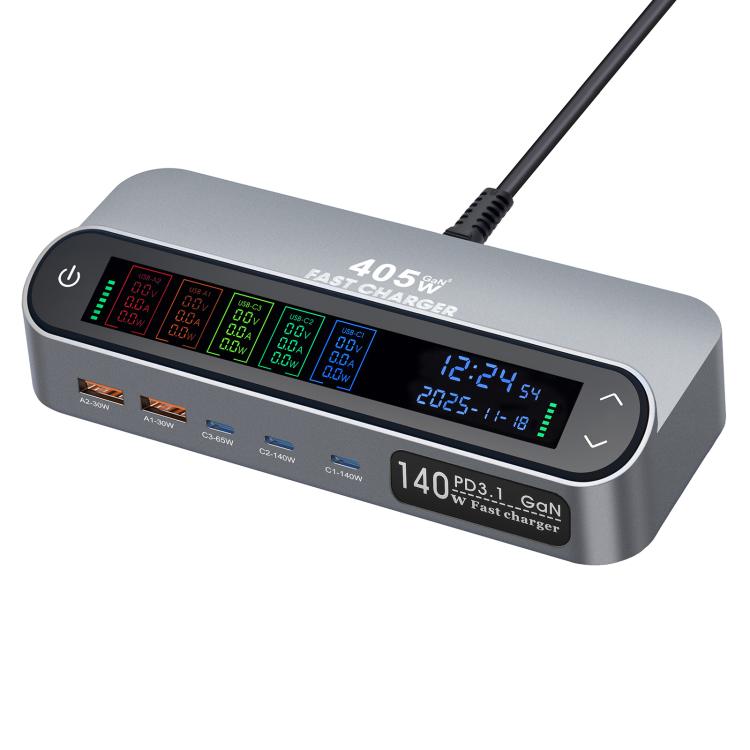 YMX-LCD405W 405W 3xType-C and 2xUSB GaN Smart Digital Display Multi-Function Charger
