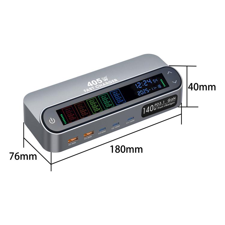 YMX-LCD405W 405W 3xType-C and 2xUSB GaN Smart Digital Display Multi-Function Charger