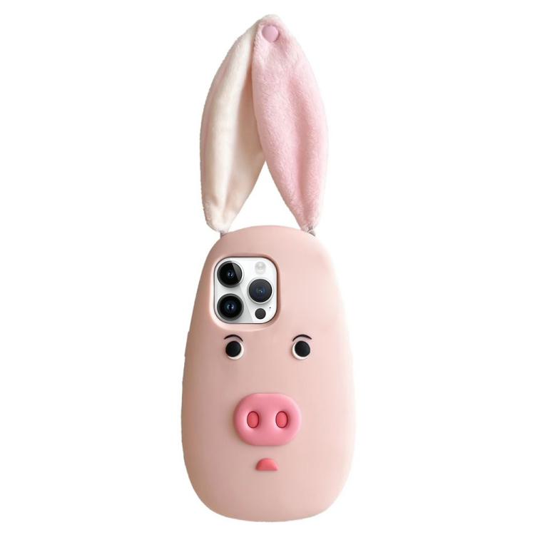 For iPhone 15 Pro Cute 3D Cartoon Pig Face Plush Cloth Ears Silicone Shockproof Phone Case
