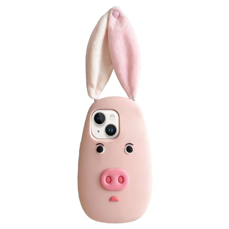 For iPhone 13 Cute 3D Cartoon Pig Face Plush Cloth Ears Silicone Shockproof Phone Case