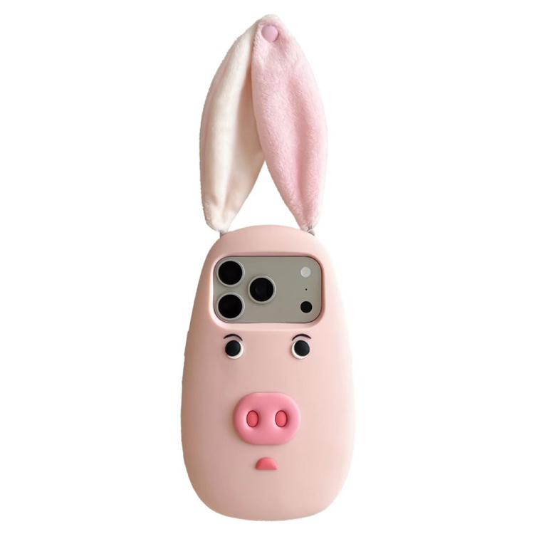 For iPhone 17 Pro Max Cute 3D Cartoon Pig Face Plush Cloth Ears Silicone Shockproof Phone Case