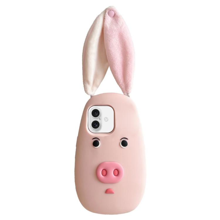 For iPhone 17 Cute 3D Cartoon Pig Face Plush Cloth Ears Silicone Shockproof Phone Case