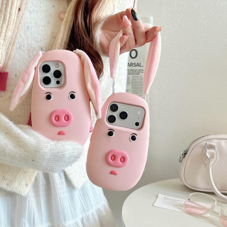For iPhone 15 Pro Max Cute 3D Cartoon Pig Face Plush Cloth Ears Silicone Shockproof Phone Case