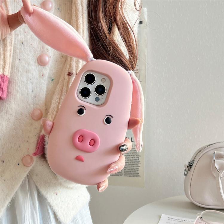 For iPhone 15 Cute 3D Cartoon Pig Face Plush Cloth Ears Silicone Shockproof Phone Case