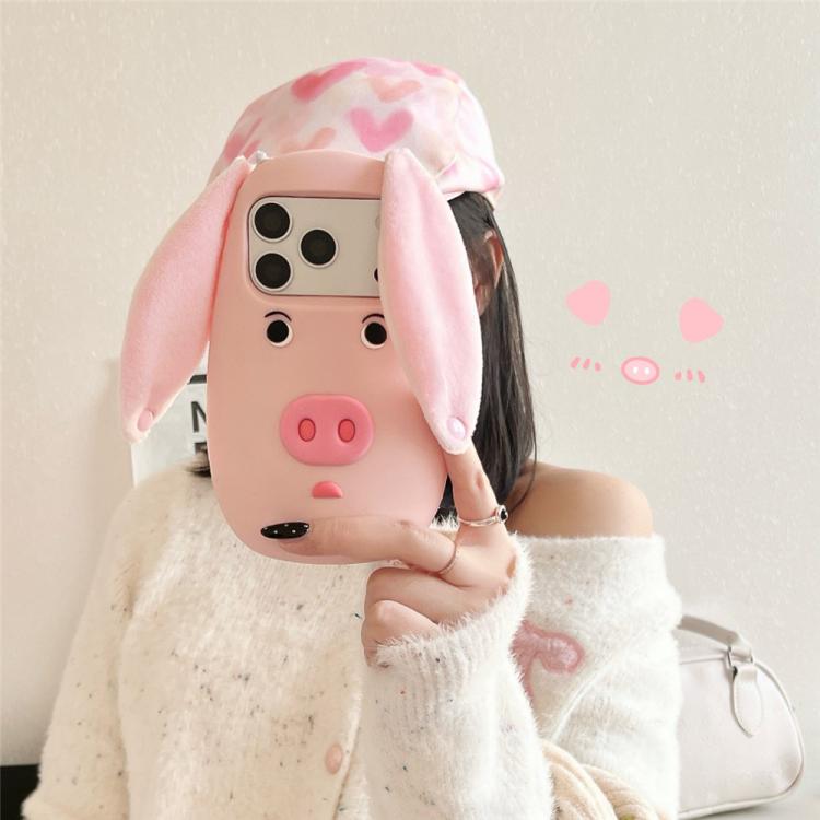 For iPhone 15 Pro Cute 3D Cartoon Pig Face Plush Cloth Ears Silicone Shockproof Phone Case