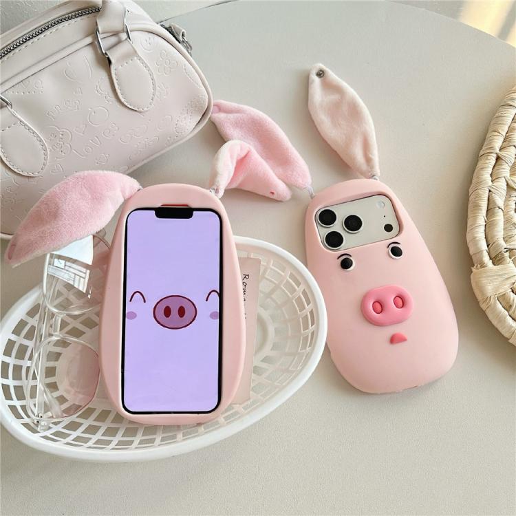For iPhone 15 Pro Max Cute 3D Cartoon Pig Face Plush Cloth Ears Silicone Shockproof Phone Case
