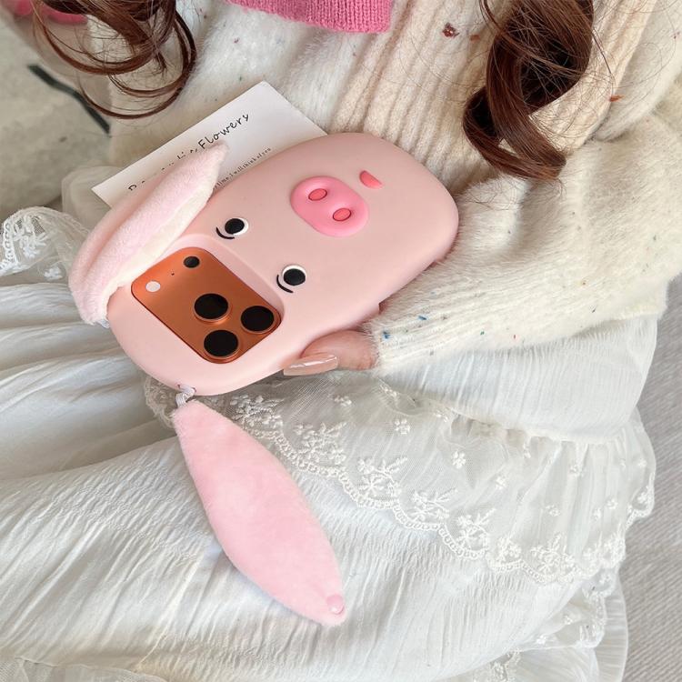 For iPhone 15 Pro Max Cute 3D Cartoon Pig Face Plush Cloth Ears Silicone Shockproof Phone Case