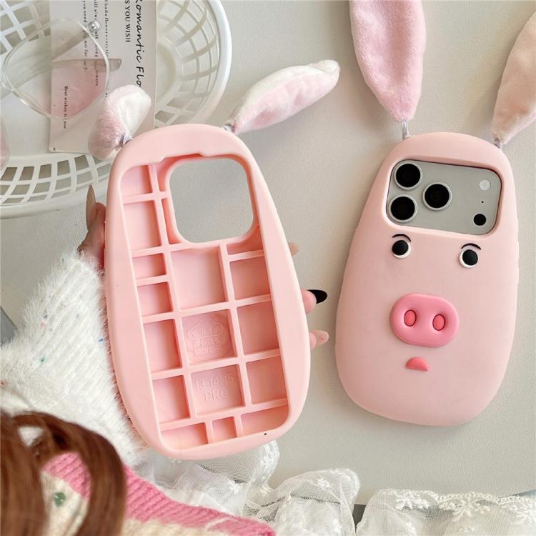For iPhone 17 Cute 3D Cartoon Pig Face Plush Cloth Ears Silicone Shockproof Phone Case