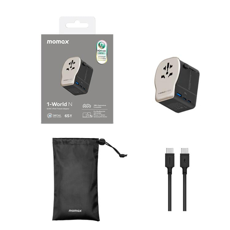 MOMAX UA35 1-World N 65W Three-Port GaN Universal Travel Adapter, Plug:EU Plug - Titanium Gold
