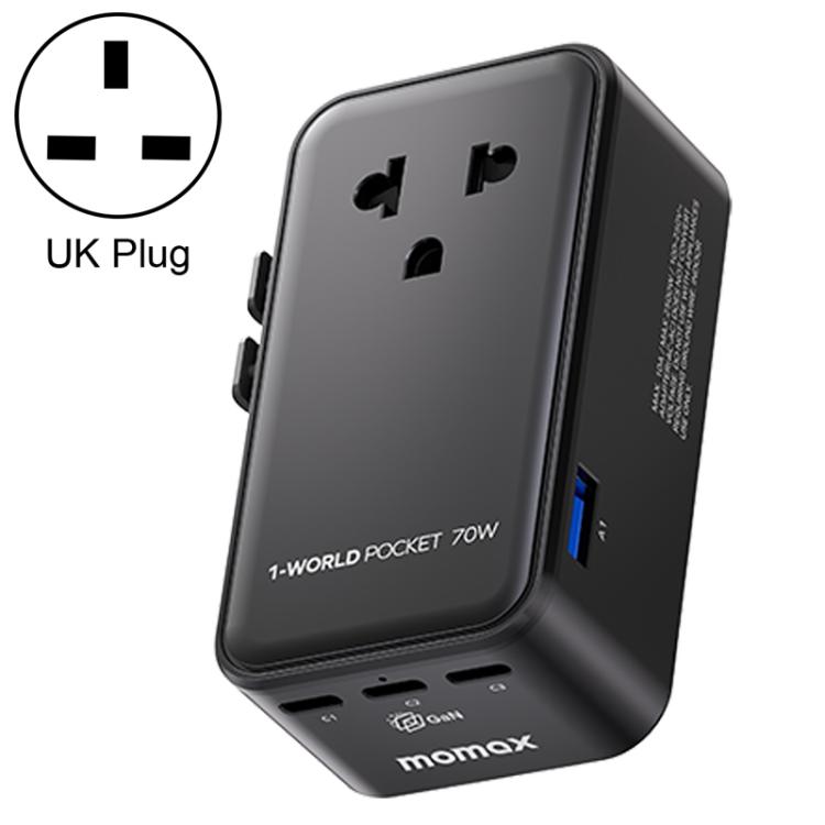 MOMAX UA36 1-World Pocket 70W 4-Port Ultra-Thin GaN Universal Travel Adapter, Plug:UK Plug