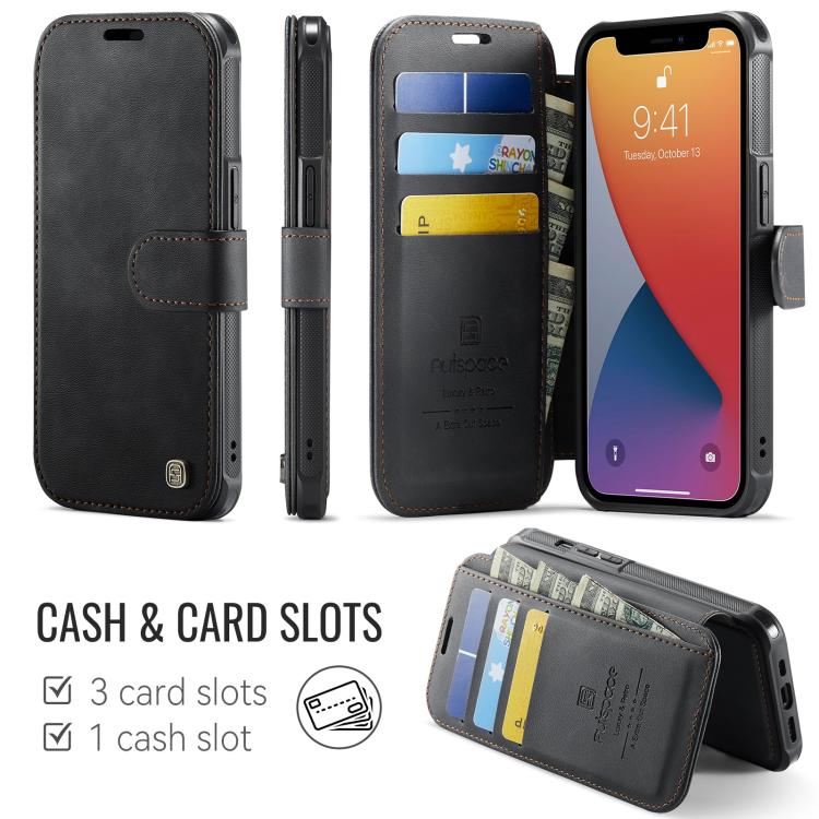 For iPhone 12 / 12 Pro AutSpace A15 Retro Magnetic Clasp Vegan Leather Phone Case