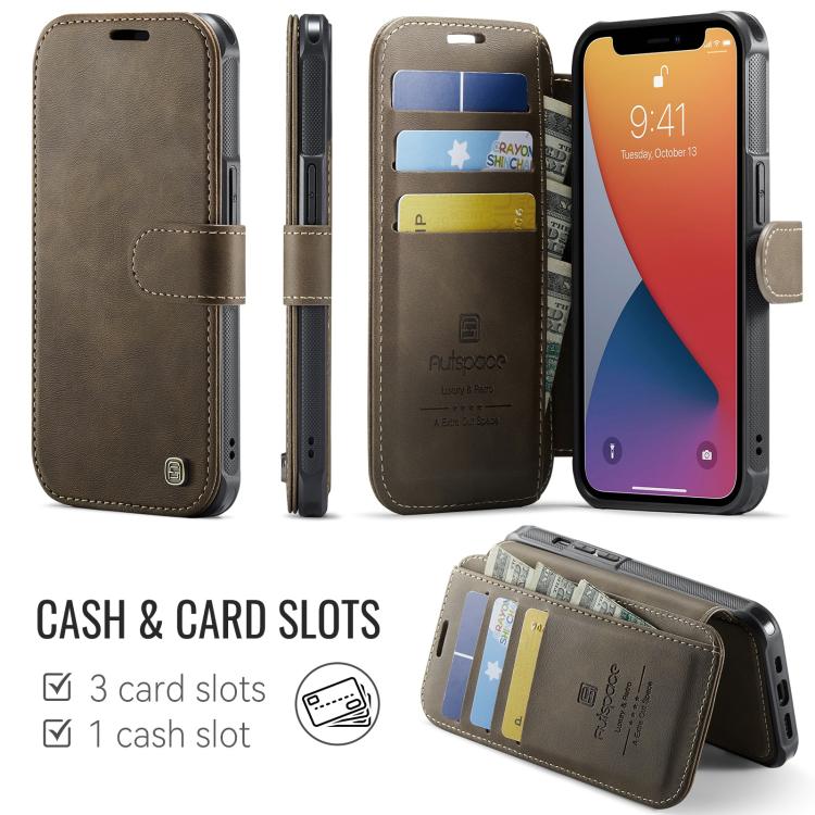 For iPhone 12 / 12 Pro AutSpace A15 Retro Magnetic Clasp Vegan Leather Phone Case