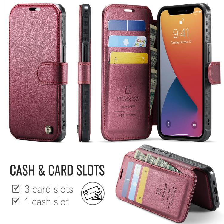 For iPhone 12 / 12 Pro AutSpace A15 Retro Magnetic Clasp Vegan Leather Phone Case