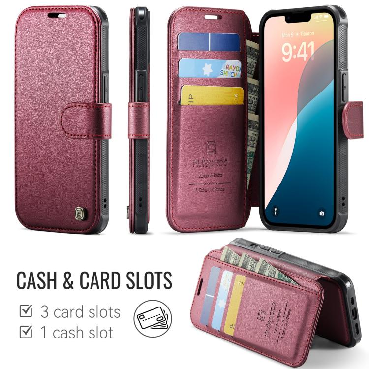 For iPhone 14 / 13 AutSpace A15 Retro Magnetic Clasp Vegan Leather Phone Case