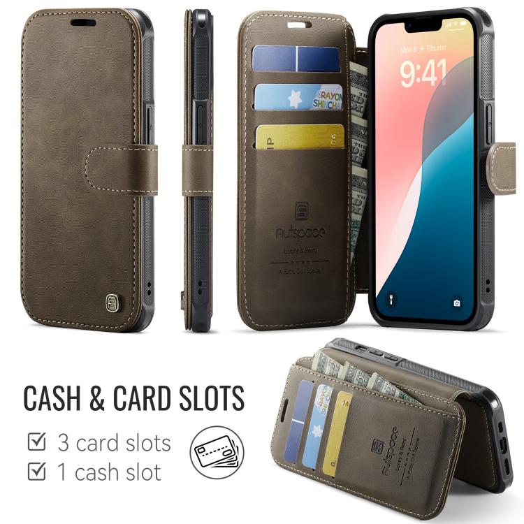 For iPhone 15 Plus / 14 Plus AutSpace A15 Retro Magnetic Clasp Vegan Leather Phone Case