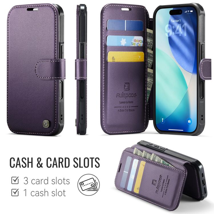 For iPhone 16 Plus AutSpace A15 Retro Magnetic Clasp Vegan Leather Phone Case