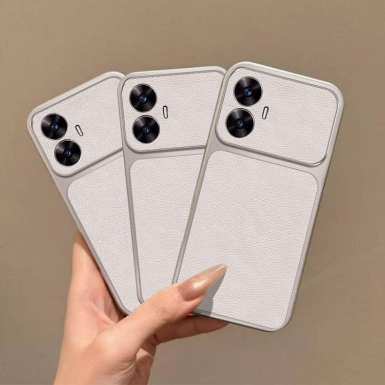 For Realme C55 Large Window Leather Textured Coated TPU Phone Case - White
