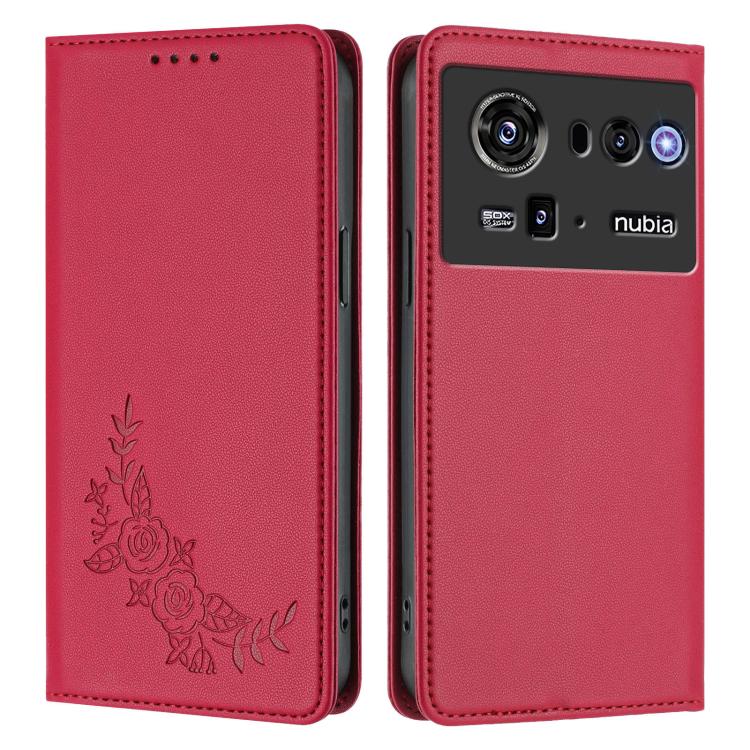 For ZTE nubia Z80 Ultra Peony Embossed Magnetic RFID Vegan Leather Phone Case