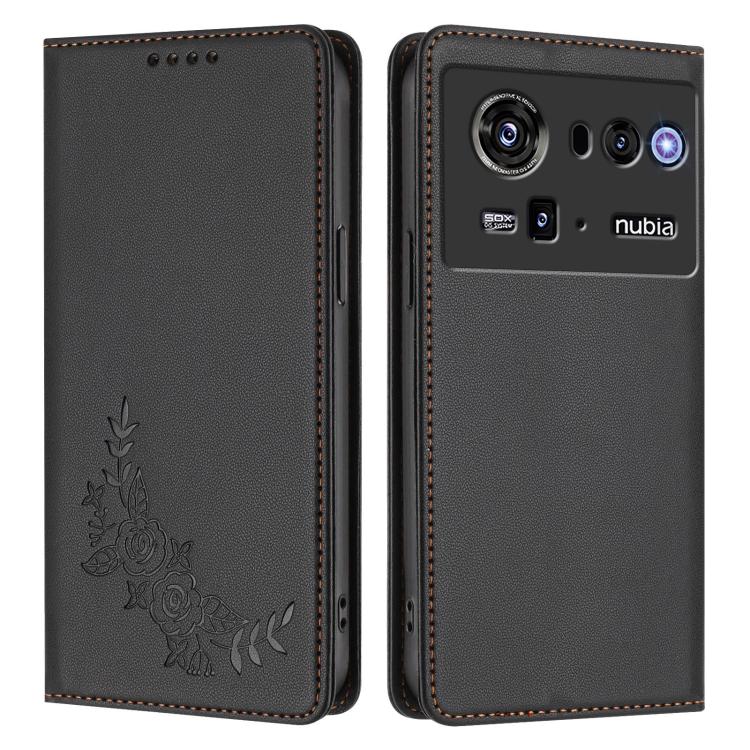 For ZTE nubia Z80 Ultra Peony Embossed Magnetic RFID Vegan Leather Phone Case